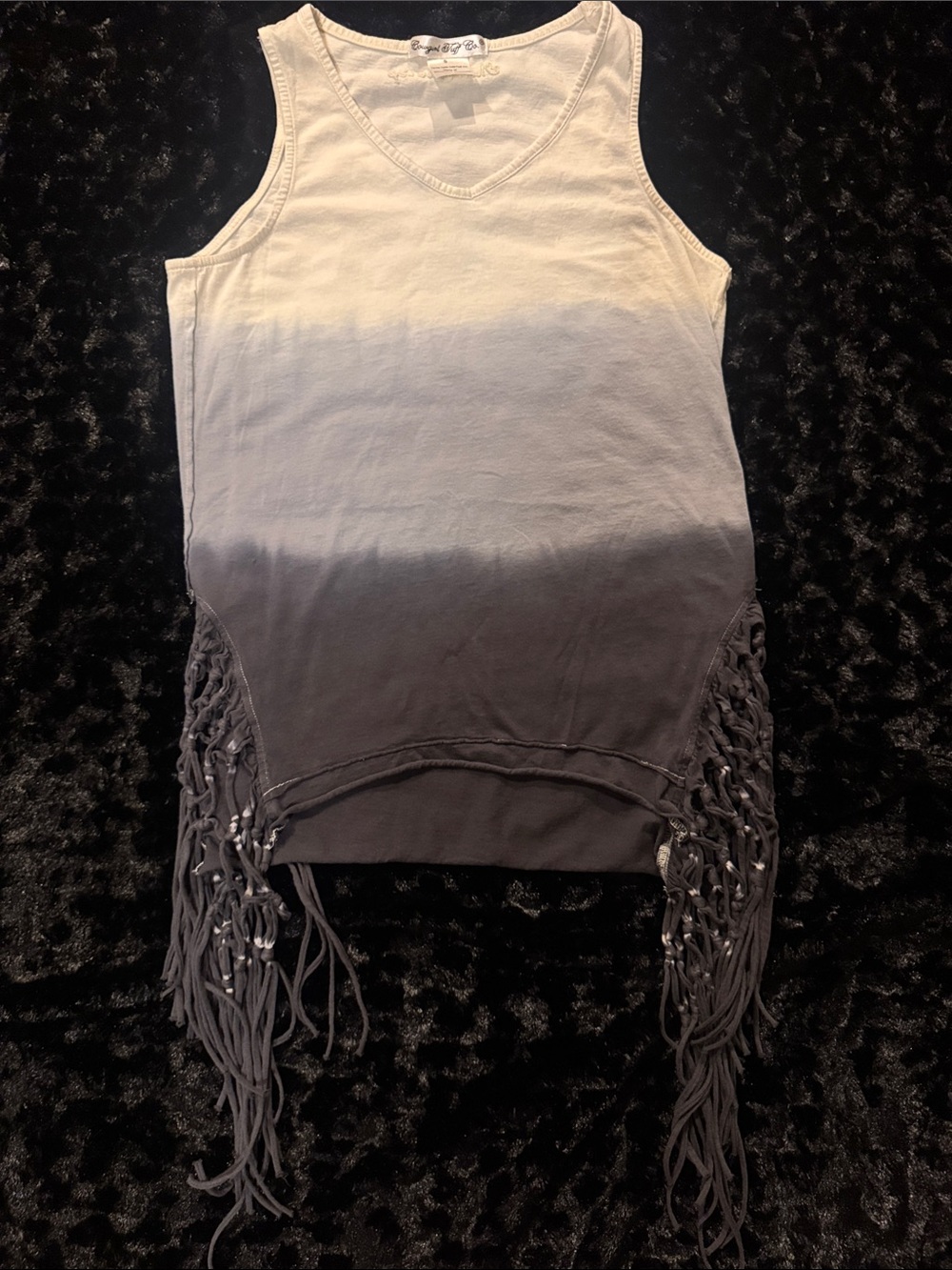 Cowgirl Tuff Co - Ombre Fringe V-Neck Tank Top - Cream to Dusty Blue / Gray